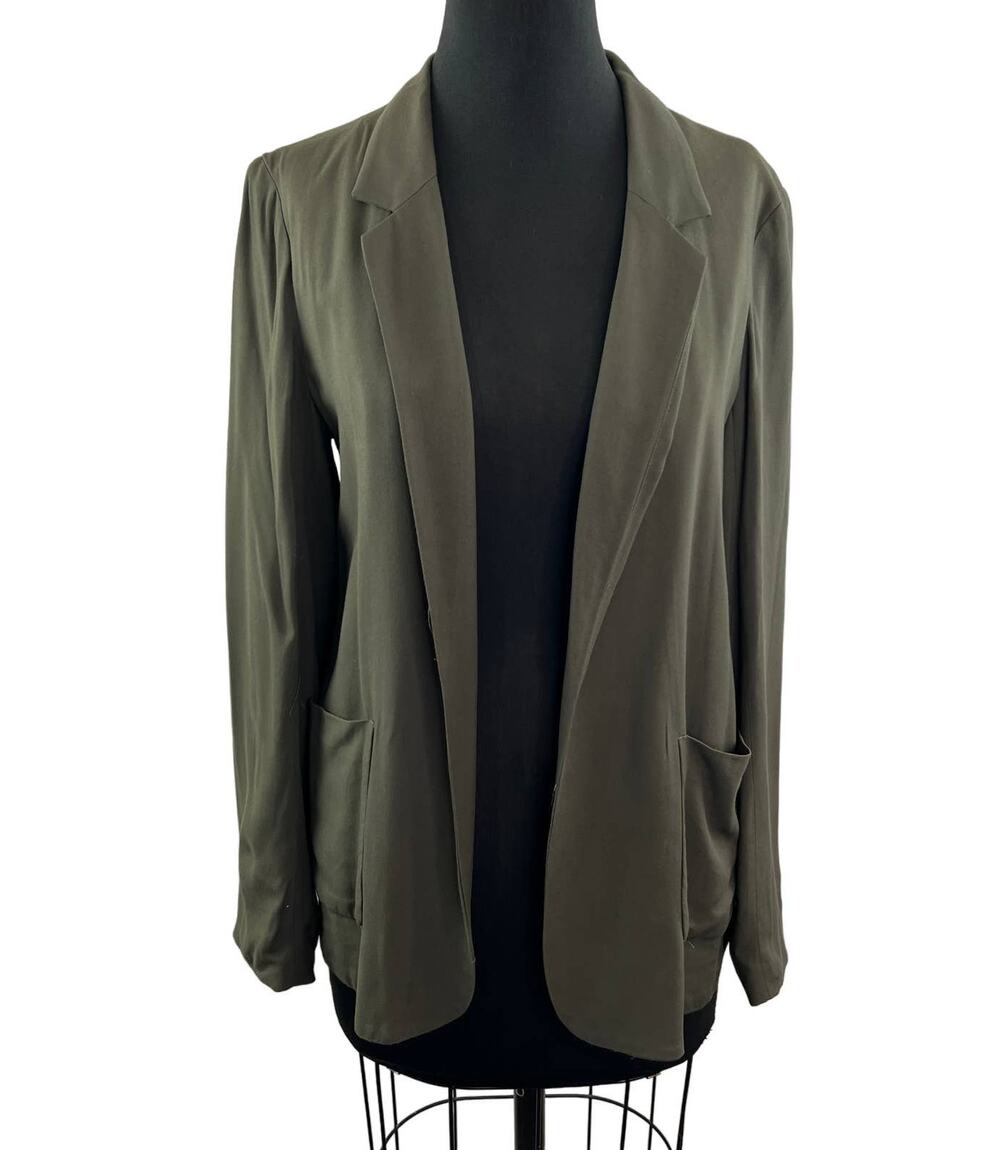 TALULA Green 8 KENT Blazer Open Front Long Sleeve Notch Lapel Single Breasted